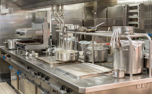 Stainless steel cooking equipment at a restaurant in Chicago, Illinois